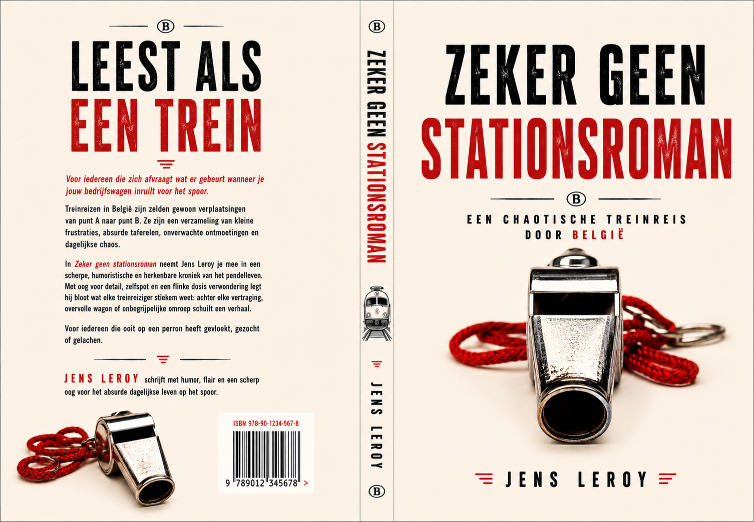 Omslag van 'Zeker geen stationsroman' door Jens Leroy — een conducteursfluitje met rood koord